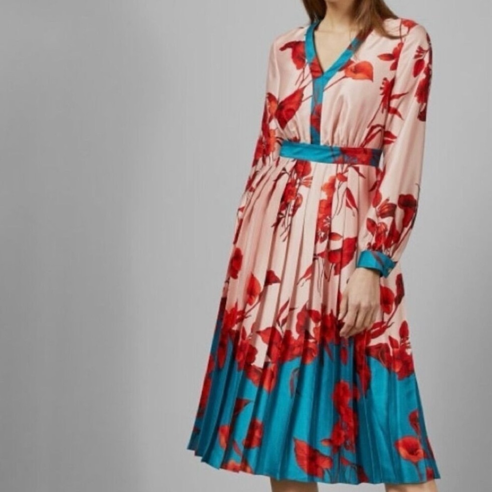 Ted Baker Women's Fantasia Bow Floral Bow Neck Midi Multicolor dress size 2